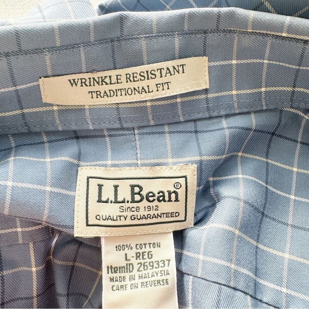 LL Bean Mens Large Button Down Shirt Wrinkle Free Blue Plaid Long Sleeve - Picture 5 of 7